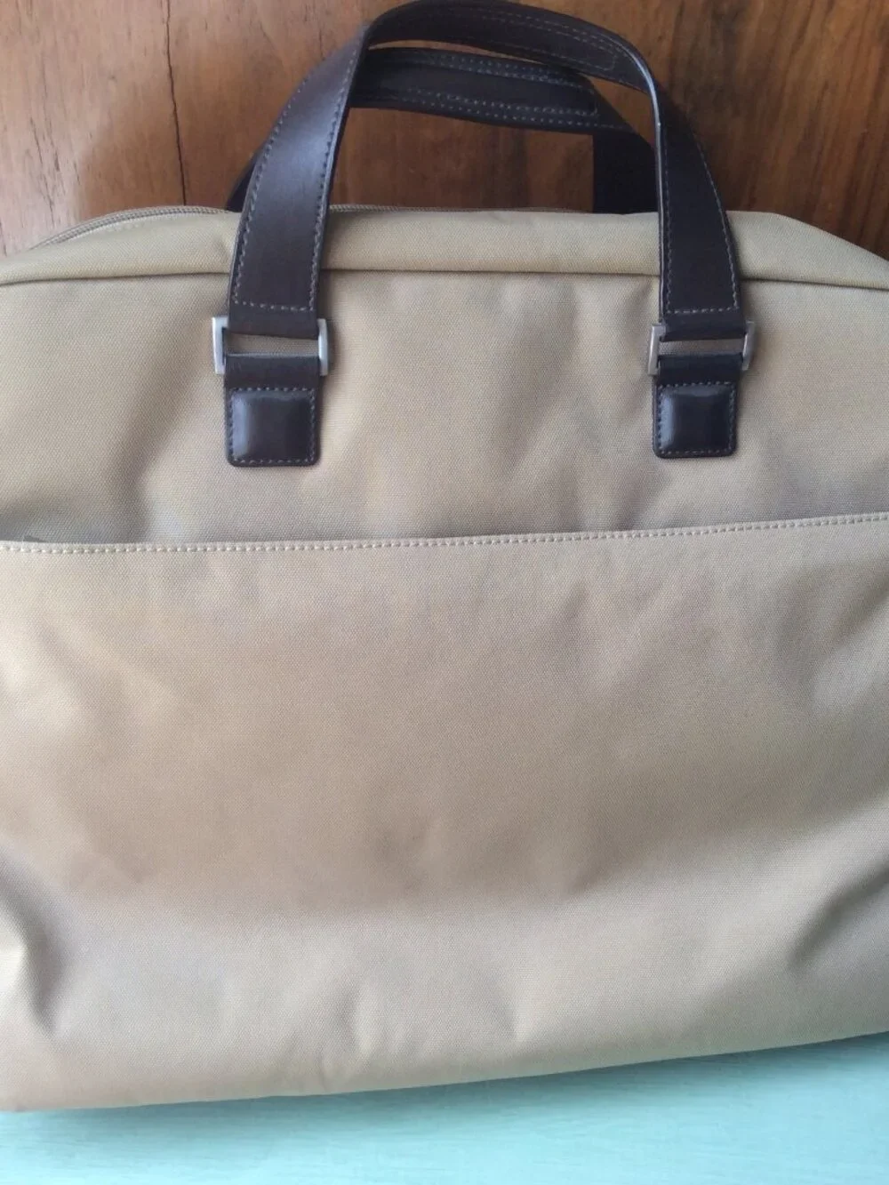 TUMI Laptop Bag, Tan Nylon Body with Brown Leather Trim